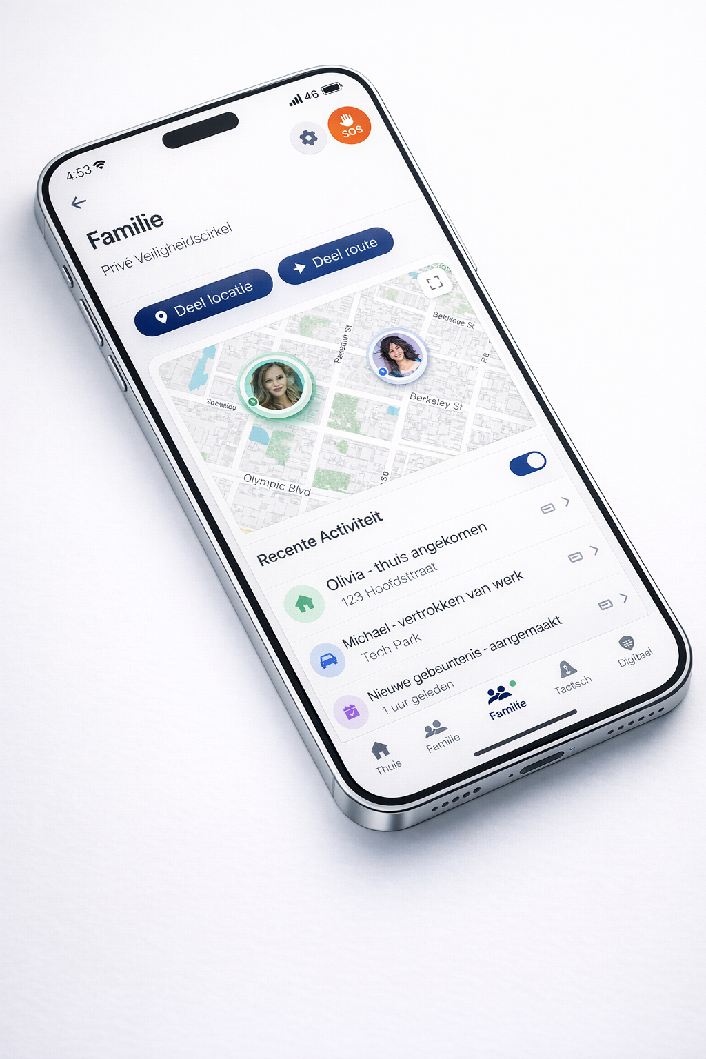 Mobiele app-scherm met familie-veiligheidskring, avatars van gezinsleden op een kaart, locatie-delen schakelaars, strak UI in blauw-wit thema