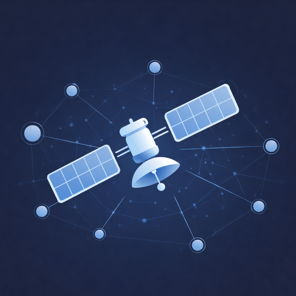 3D-weergave van Starlink-schotel verbonden met mobiele app-interface, dark mode UI, gloeiende verbindingslijnen, futuristische visualisatie van veiligheidsnetwerk